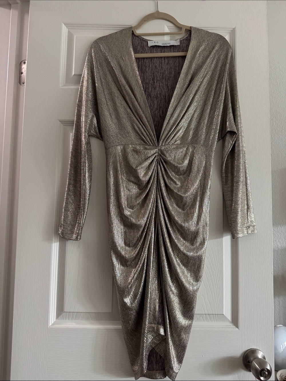 IRO Metallic Gold Long-Sleeve Ruched V-Neck Dress